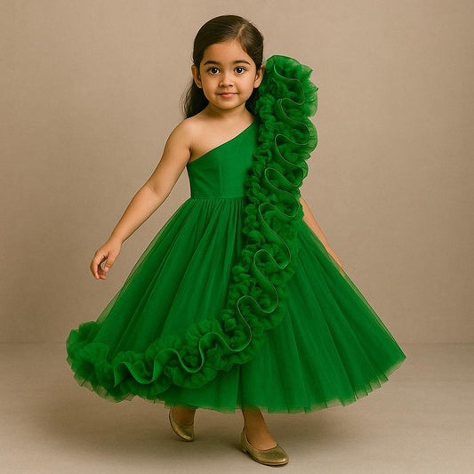 Pre Order: Green One Shoulder Ruffle Net Gown