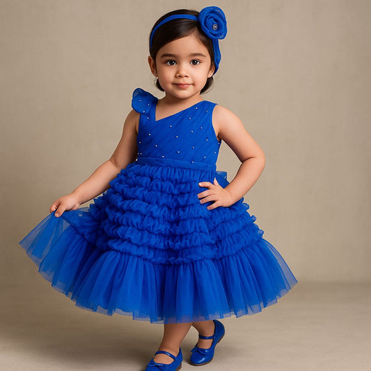 Pre Order: Swirl One Shoulder Frilled Blue Gown