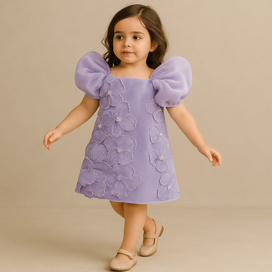 Pre Order: Artificial Flowers Embellished Grayish Blue Dress