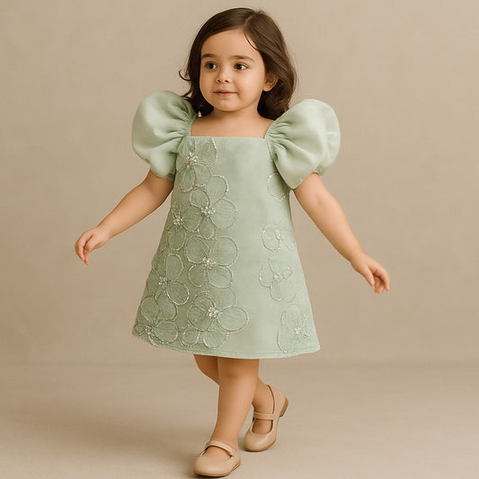 Pre Order: Artificial Flowers Embellished Green Dress