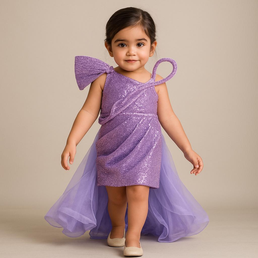 Pre Order: Lavender Sequins Embellished Strappy Dress With Stiff Belt And Detachable Trail