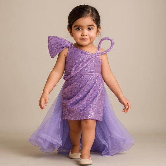 Pre Order: Lavender Sequins Embellished Strappy Dress With Stiff Belt And Detachable Trail