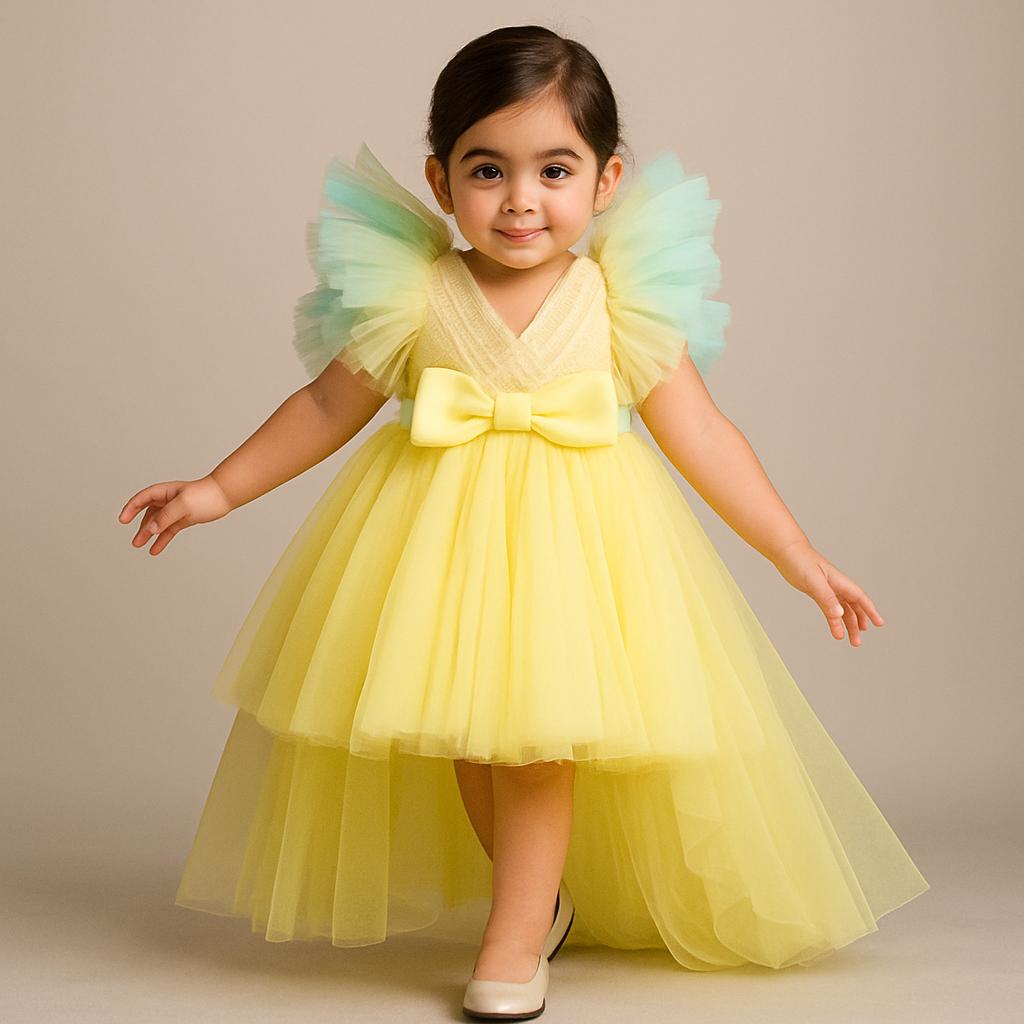 Pre Order: Yellow Frilly Sequin Embroidered Dress