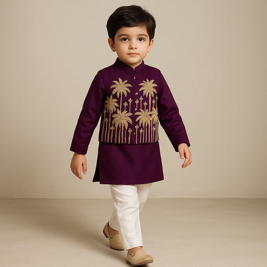 Pre Order: Purple Kurta With Embroidered Jacket And Pyjama