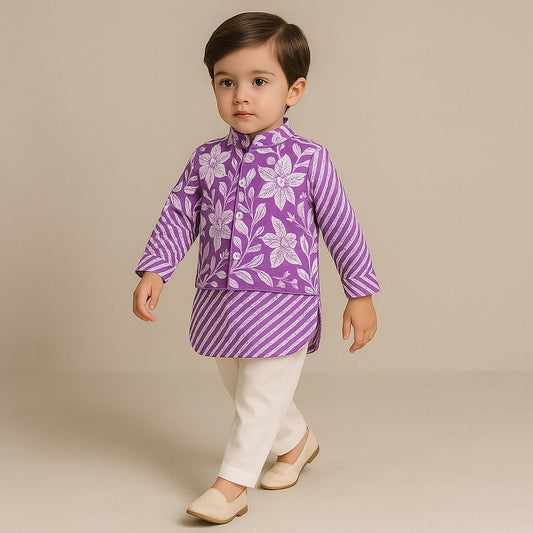 Pre Order: Purple Striped Kurta And Floral Printed Jacket With Pyjama