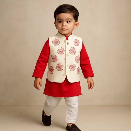 Pre Order: Red Kurta With Embroidered Front Open Jacket And Pyjama