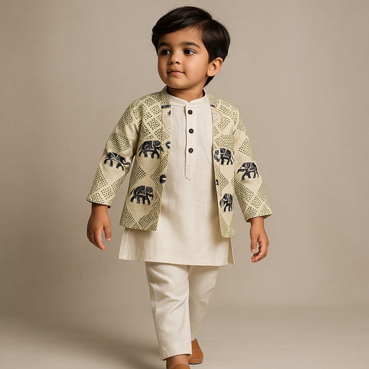 Pre Order: Front Placket Kurta With Gota Lace Work Beige Jacket And Pyjama