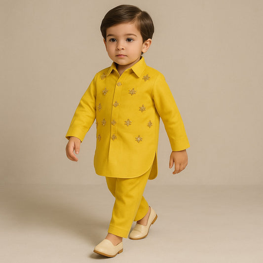 Pre Order: Collar-Neck Mustard Kurta And Pyjama