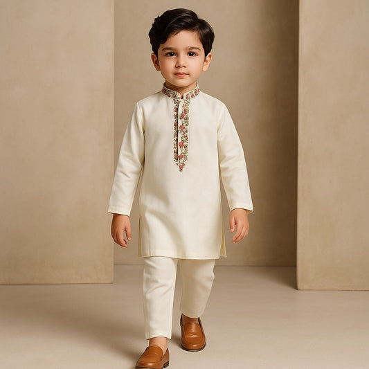 RTD Pre Order: Off White Embroidered Kurta And Pyjama