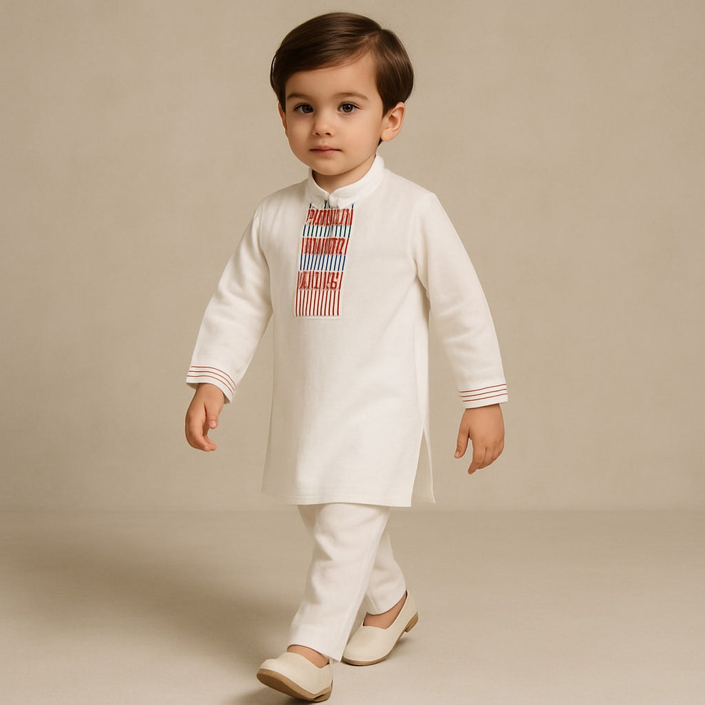 Pre Order: White Embroidery Detailed Kurta And Pyjama