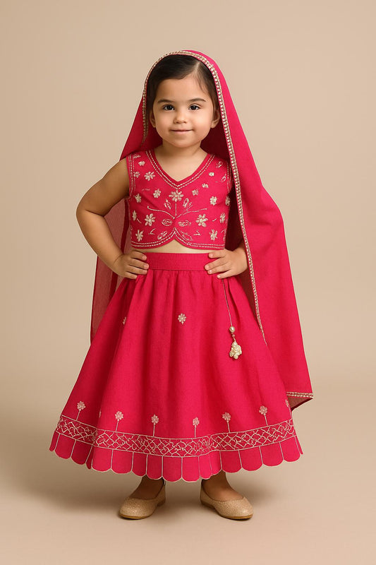 Pre Order: Pink Embroidered Top And Lehenga With Dupatta