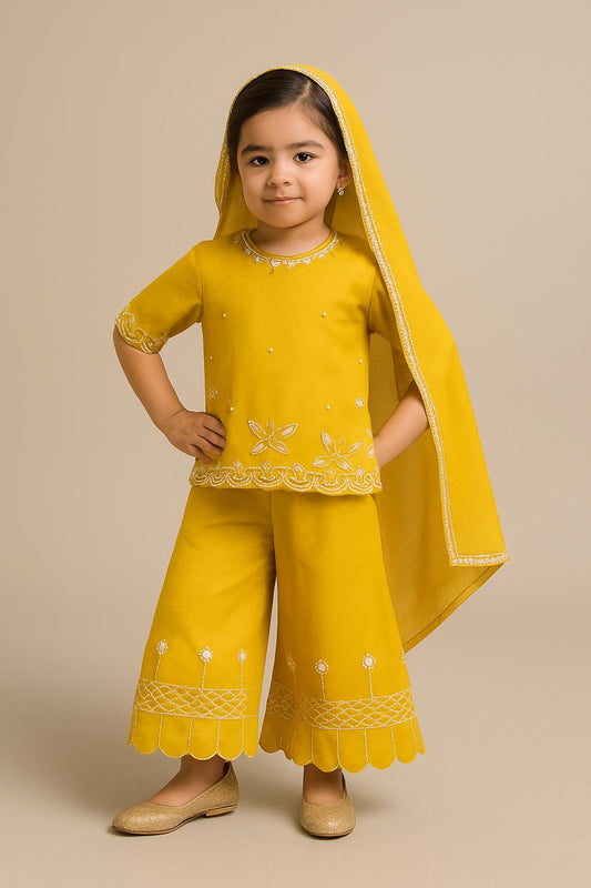 Pre Order: Mustard Embroidered Kurti And Palazzo With Dupatta