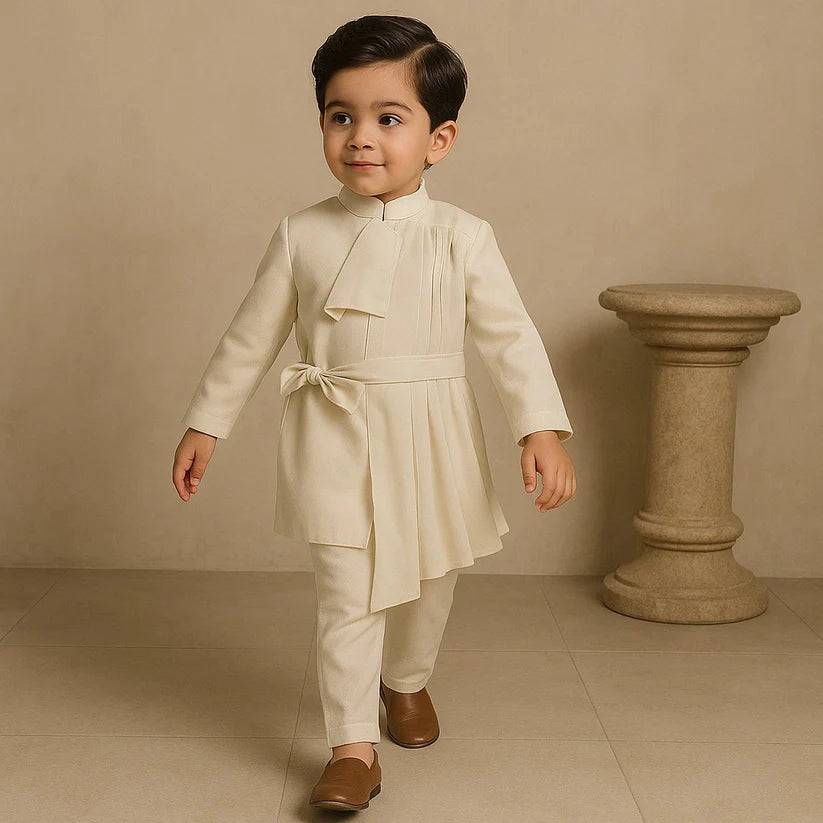 Pre Order: Elegant Pleated Drape Kurta With Flap And Pant