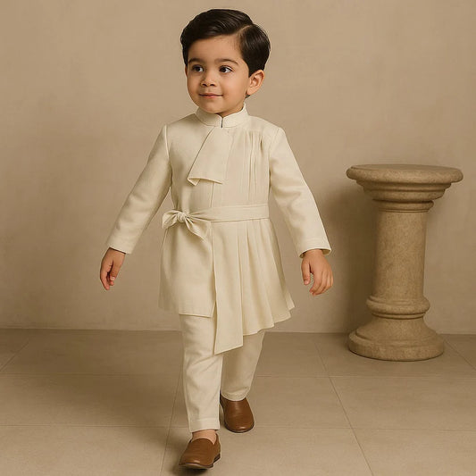 Pre Order: Elegant Pleated Drape Kurta With Flap And Pant