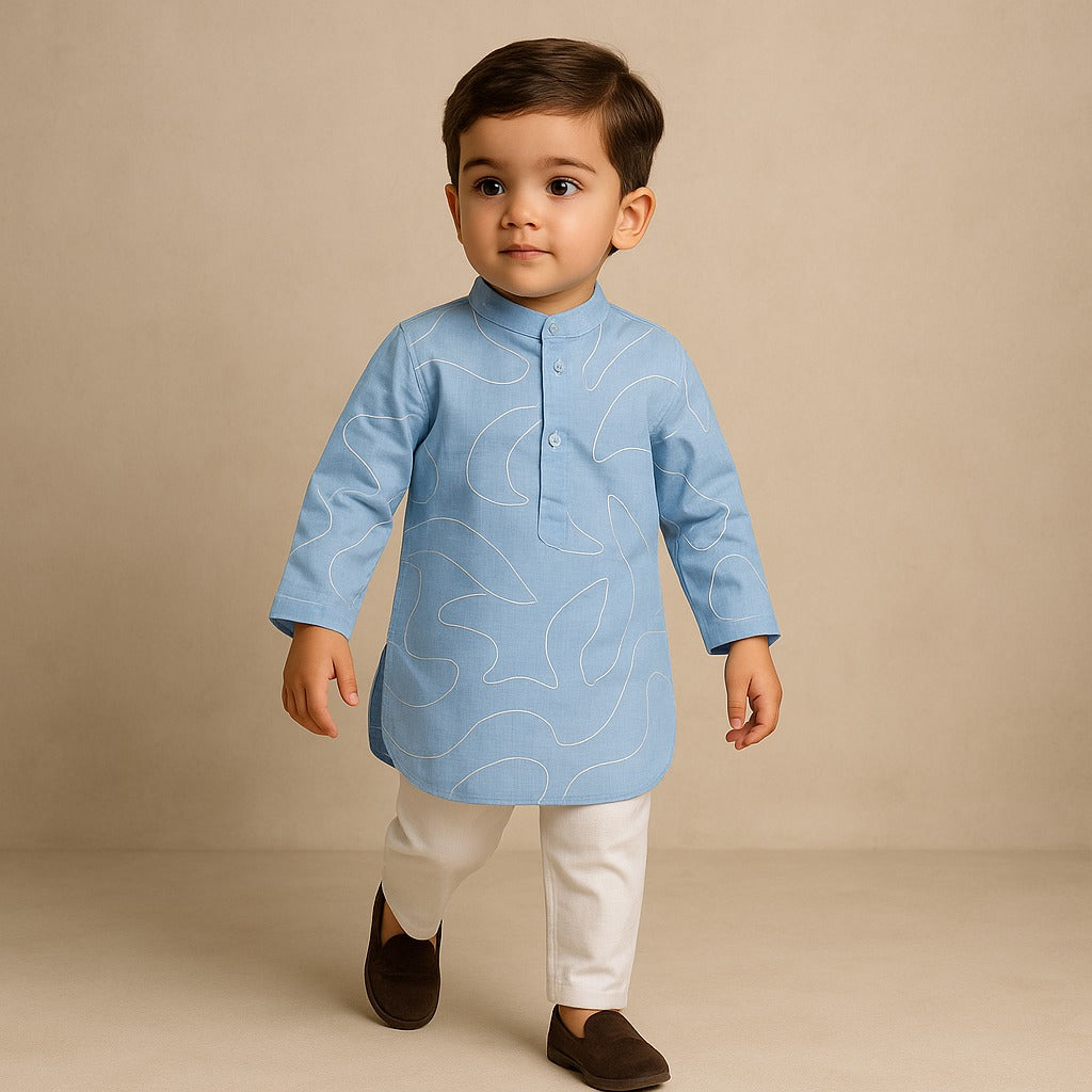 Pre Order: Blue Embroidered Kurta And Off White Pant