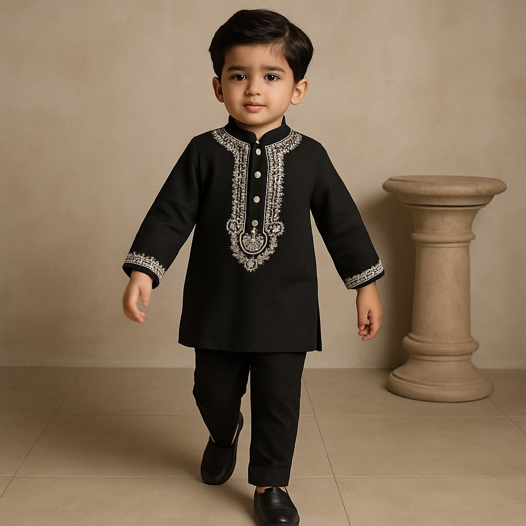 Pre Order: Black Embroidered Kurta And Pyjama