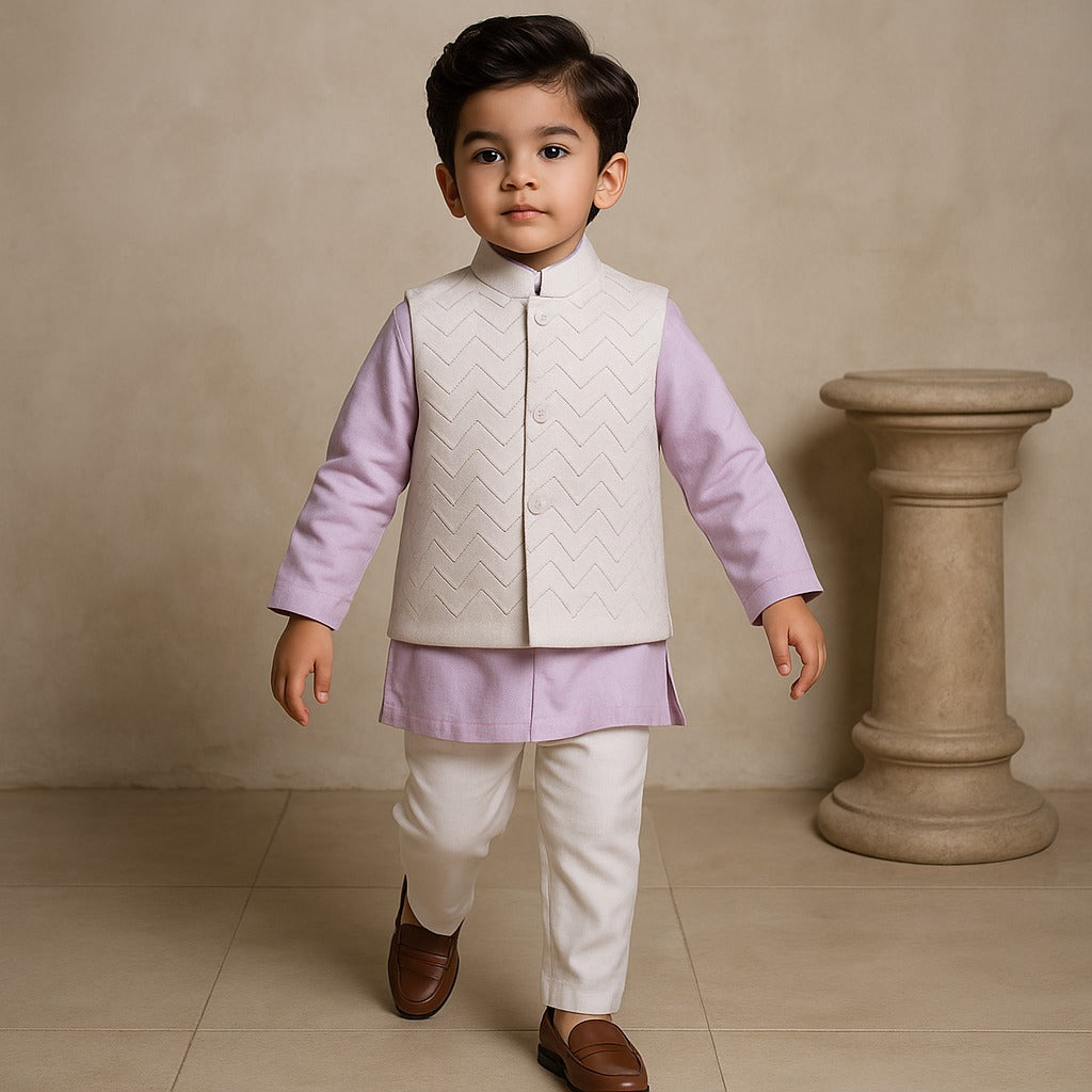 Pre Order: Lavender Pintuck Detail Kurta With Embroidered Jacket And Pyjama