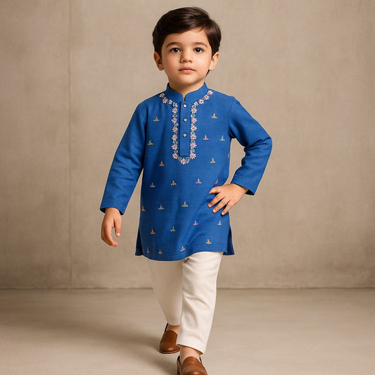 Pre Order: Blue Embroidered Kurta And Pyjama