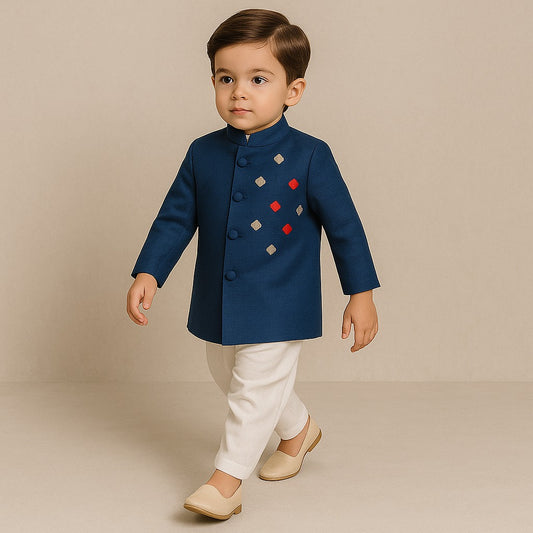 Pre Order: Blue Embroidered Sherwani And Pyjama