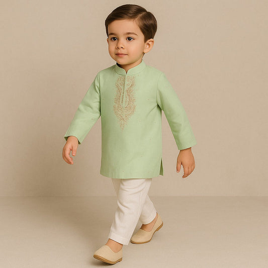 Pre Order: Embroidered Green Kurta And Pyjama