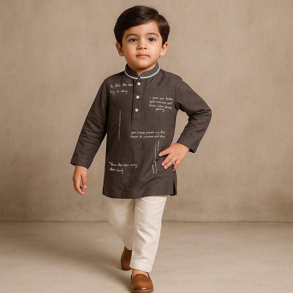 Pre Order: Brown Embroidered Kurta And Pyjama