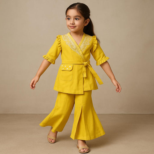 Pre Order: Mustard Embroidered Jacket Style Top And Pleated Palazzo