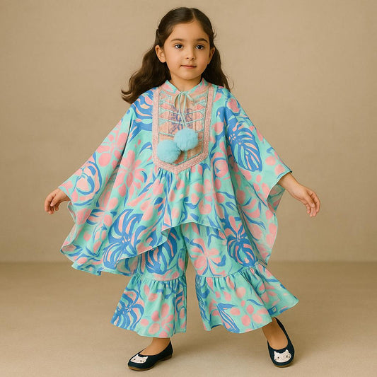 Pre Order: Multicolour Printed Lace Work Top With Cape And Dhoti Style Skirt