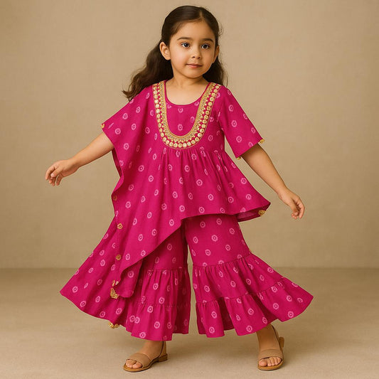 Pre Order: Embellished Printed One Side Drape Kurti With Crop Top And Sharara