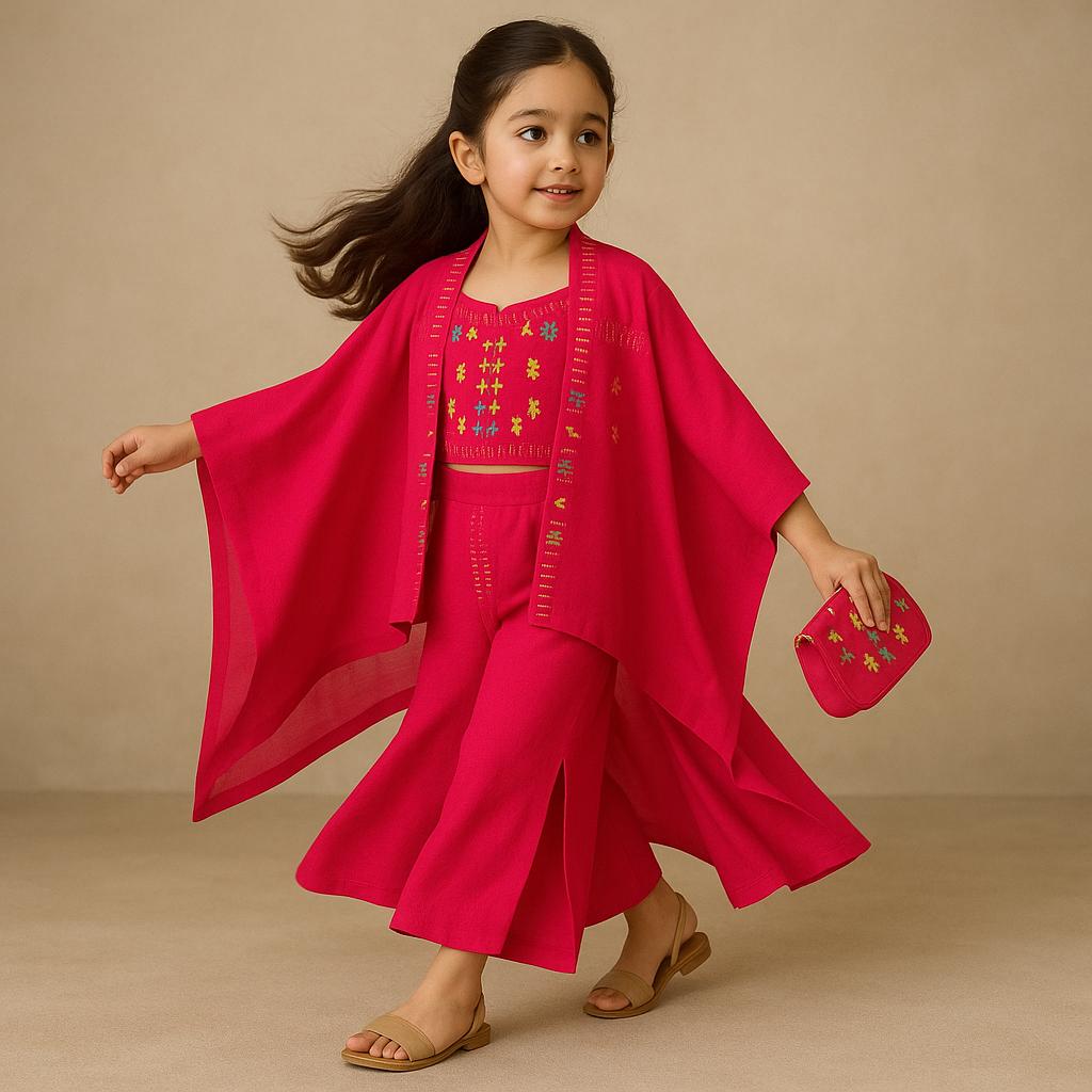 Pre Order: Embroidered Strappy Top With Cape And Stylish Palazzo