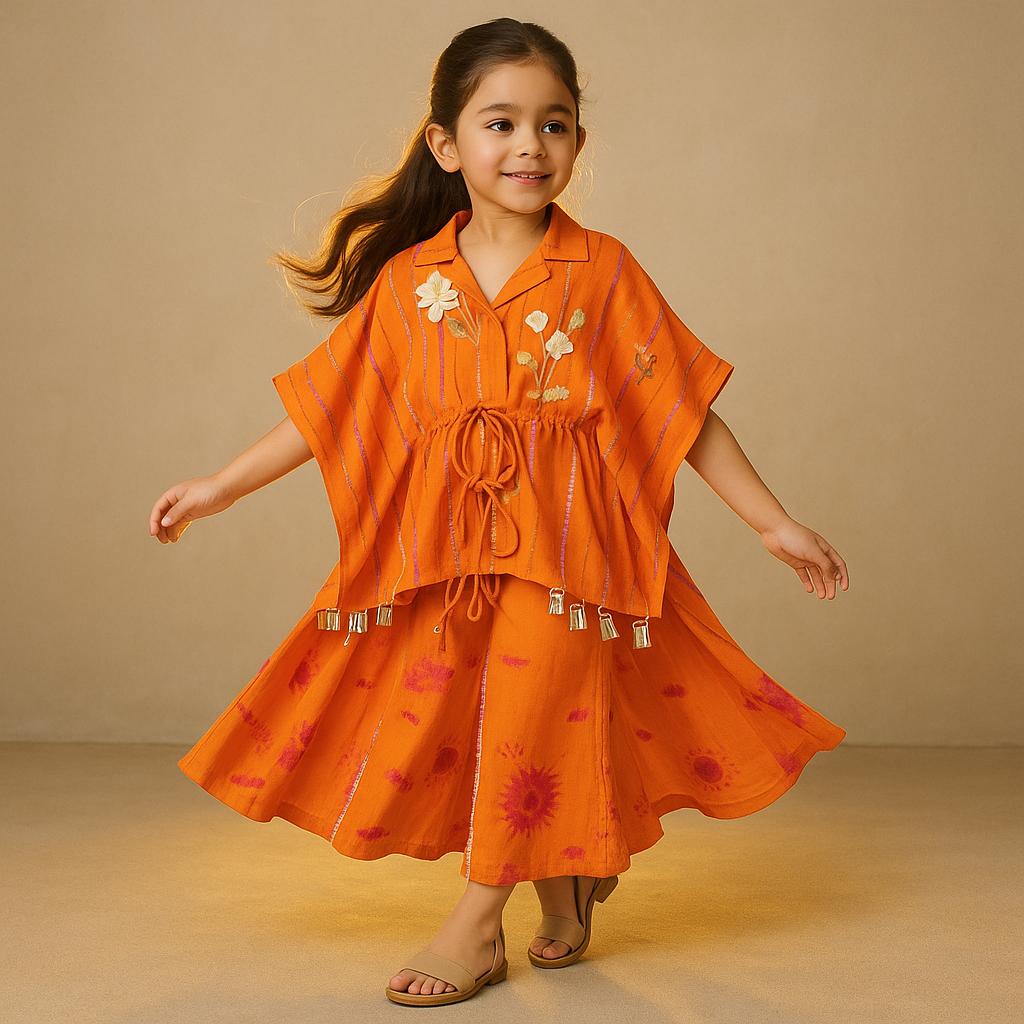 Pre Order: Printed Embellished Collar Neck Kaftan With Crop Top And Palazzo