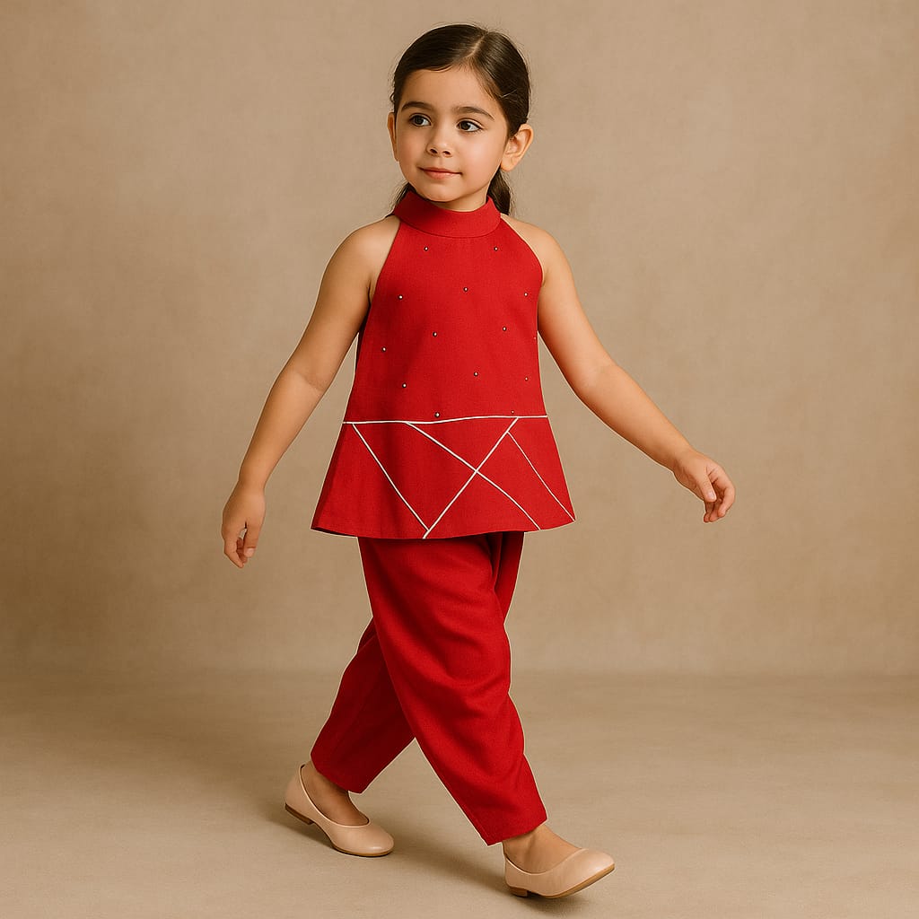 Pre Order: Greenish Yellow Halter Neck Red Short Kurti And Tulip Dhoti Pant