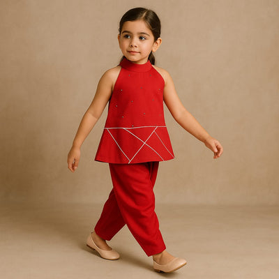 Pre Order: Greenish Yellow Halter Neck Red Short Kurti And Tulip Dhoti Pant