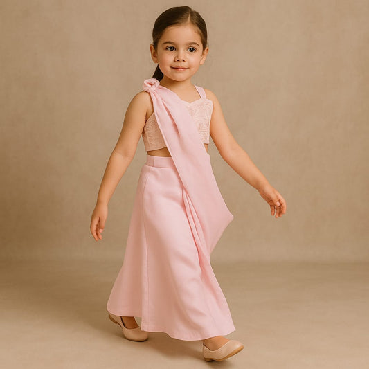 Pre Order: Embroidered Strappy Top And Saree Style Lehenga With Stylish Dupatta