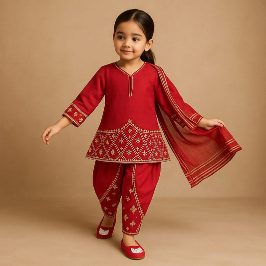 Pre Order: Red Beautiful Gota Work Top And Dhoti Style Pant With Matching Dupatta