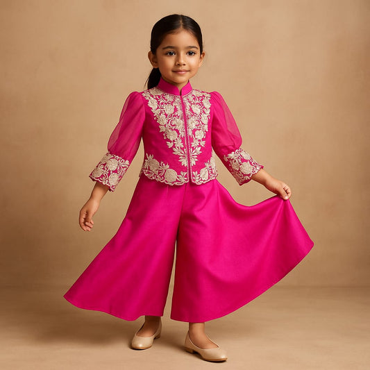 Pre Order: Front Open Embroidered Pink Top And Palazzo