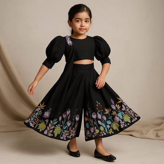 Pre Order: Stylish Round Neck Black Top With Palazzo And Dupatta