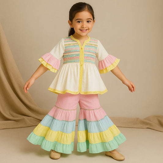 Pre Order: Multicolour Frilly Top With Sharara