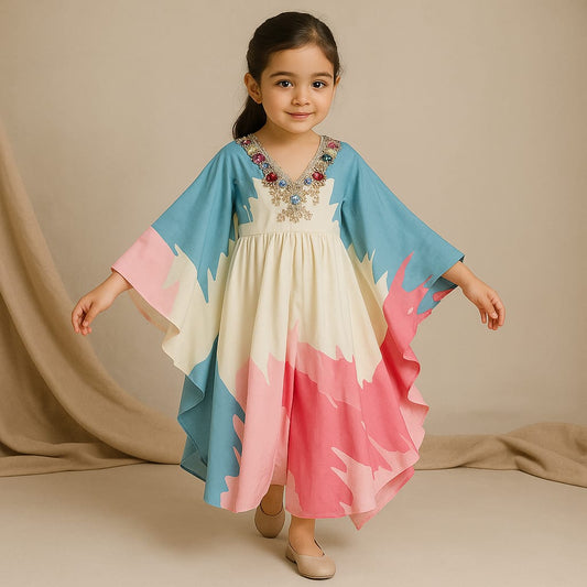 Pre Order: Multicolour Printed Kaftan Style Embroidered Kurti