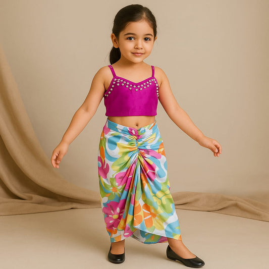 Pre Order: Pink Embellished Strappy Top And Printed Draped Skirt