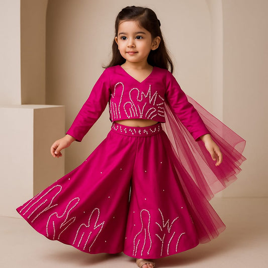 Pre Order: Pink Back Bow Enhanced Top With Flared Palazzo