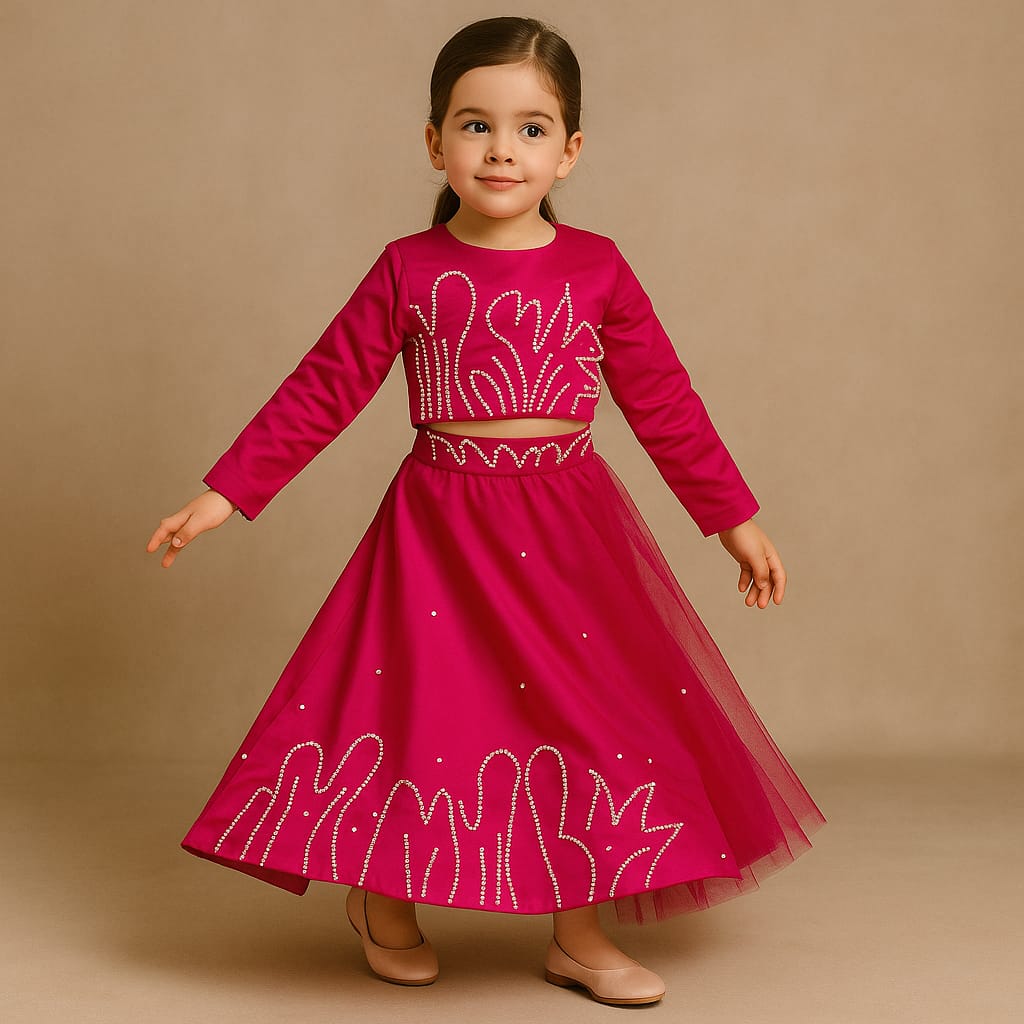 Pre Order: Pink Back Bow Enhanced Top With Flared Lehenga