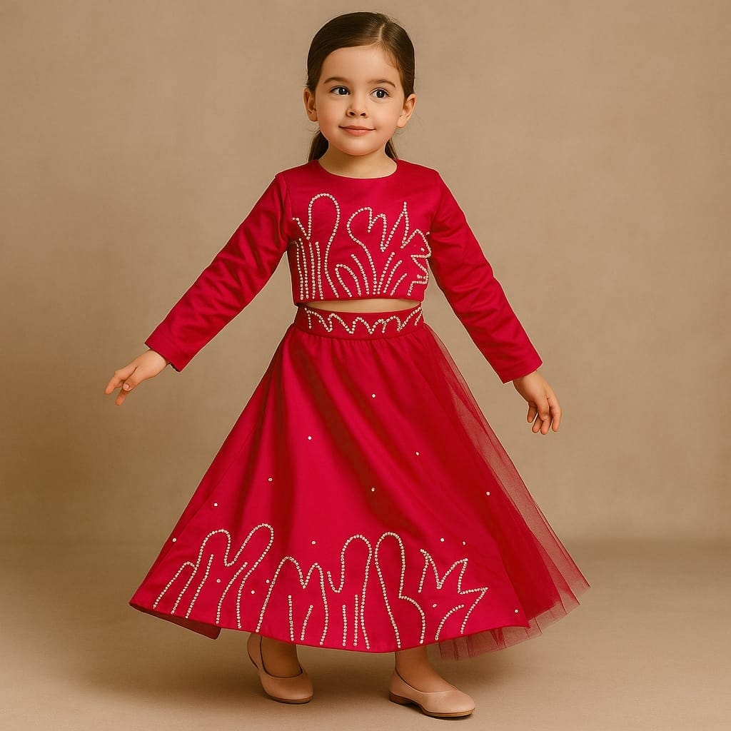 Pre Order: Red Back Bow Enhanced Top With Flared Lehenga