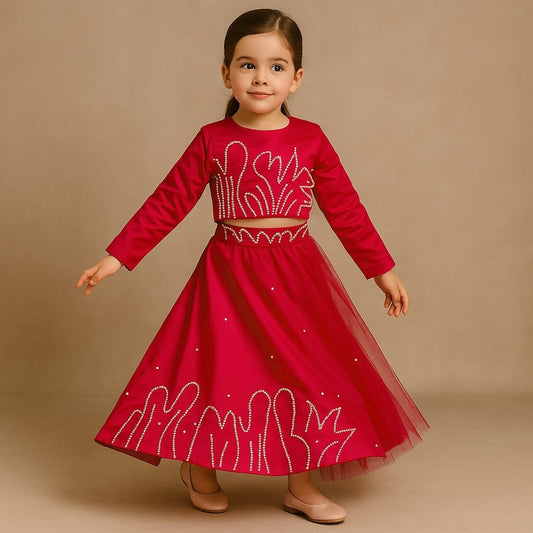 Pre Order: Red Back Bow Enhanced Top With Flared Lehenga