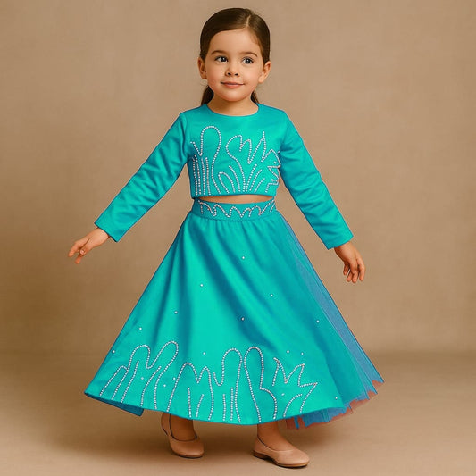 Pre Order: Sky Blue Back Bow Enhanced Top With Flared Lehenga