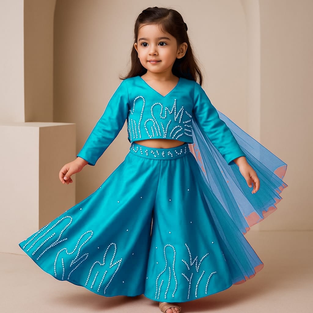 Pre Order: Sky Blue Back Bow Enhanced Top With Flared Palazzo