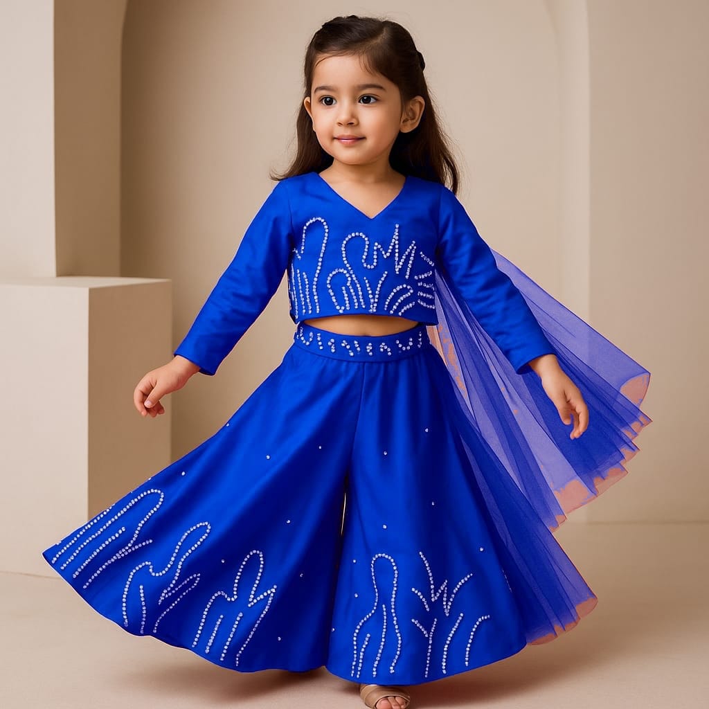 Pre Order: Blue Back Bow Enhanced Top With Flared Palazzo