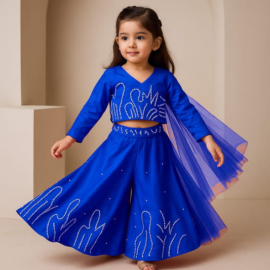 Pre Order: Blue Back Bow Enhanced Top With Flared Palazzo