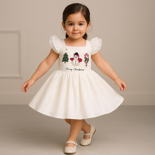 Pre Order: Christmas Embroidery Enhanced Off White Dress