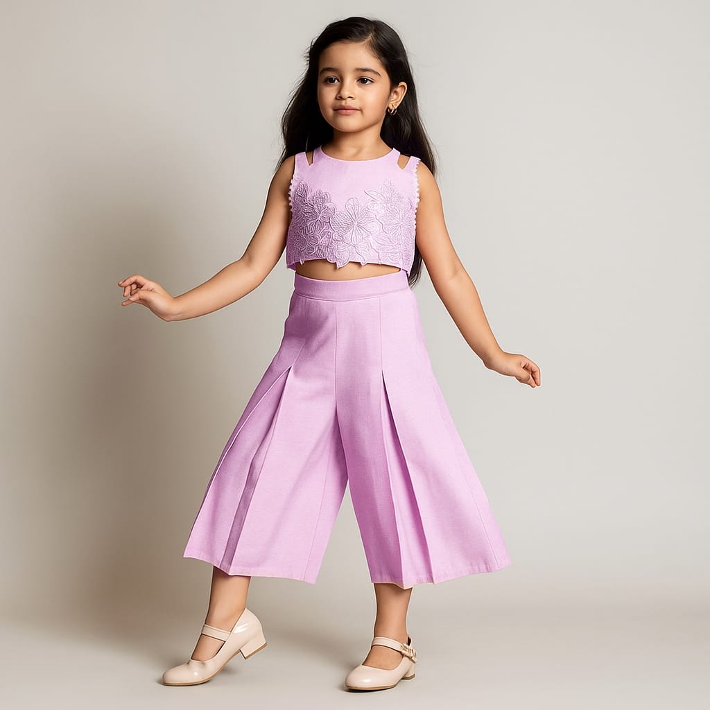 Pre Order: Pinkish Lavender Embroidered Top And Pleated Palazzo