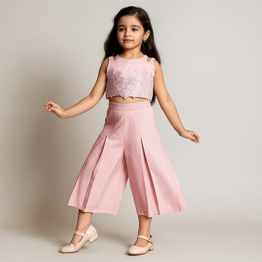 Pre Order: Embroidered Pastel Peach Top And Pleated Palazzo